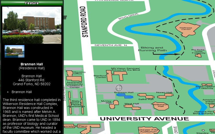 map to Brannon Hall at UND, Grand Forks, ND